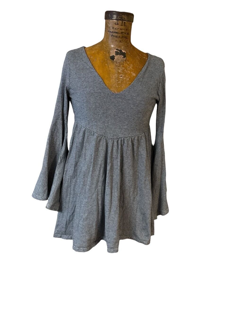 Altar'd State Blouse Blue striped Babydoll Bell Sleeve Tunic Top size small